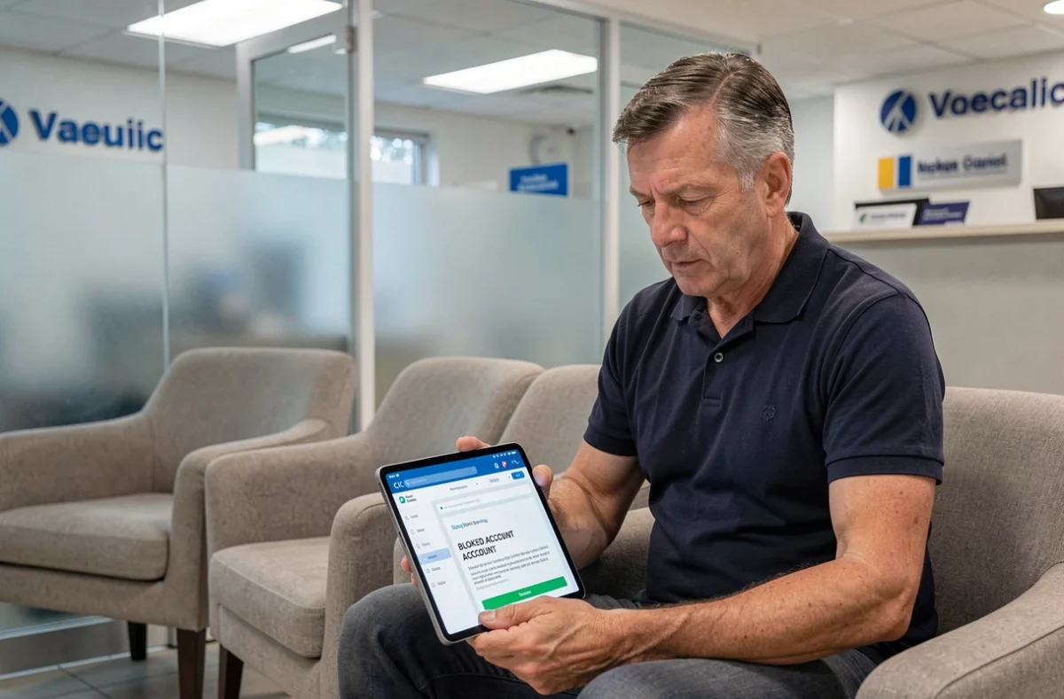 Homme d'âge mûr consultant un problème de connexion Filibanque CIC sur une tablette dans une agence bancaire