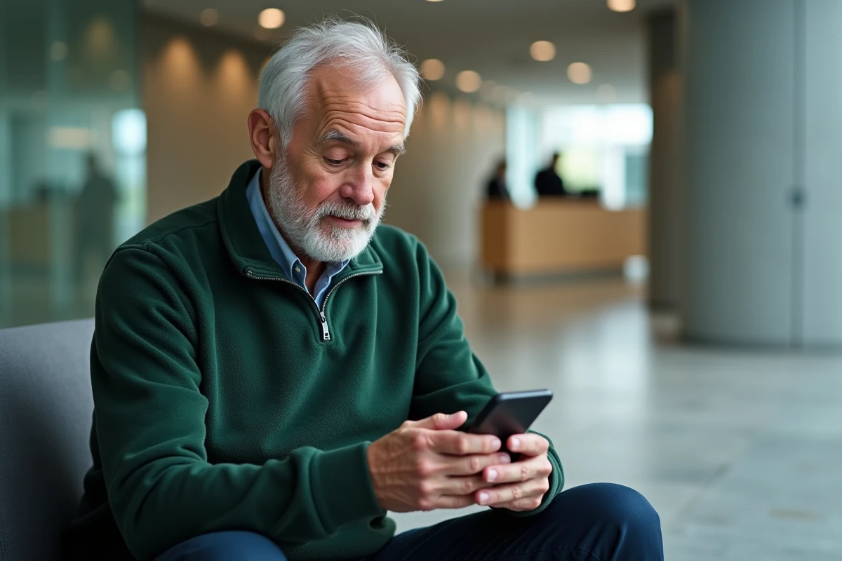 Personne consultant l'application Mon Cofidis Pro sur smartphone dans le hall d'un immeuble professionnel