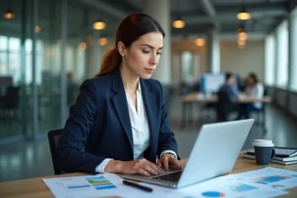 Professionnelle analysant un accord de surveillance de crédit sur ordinateur portable dans un bureau moderne