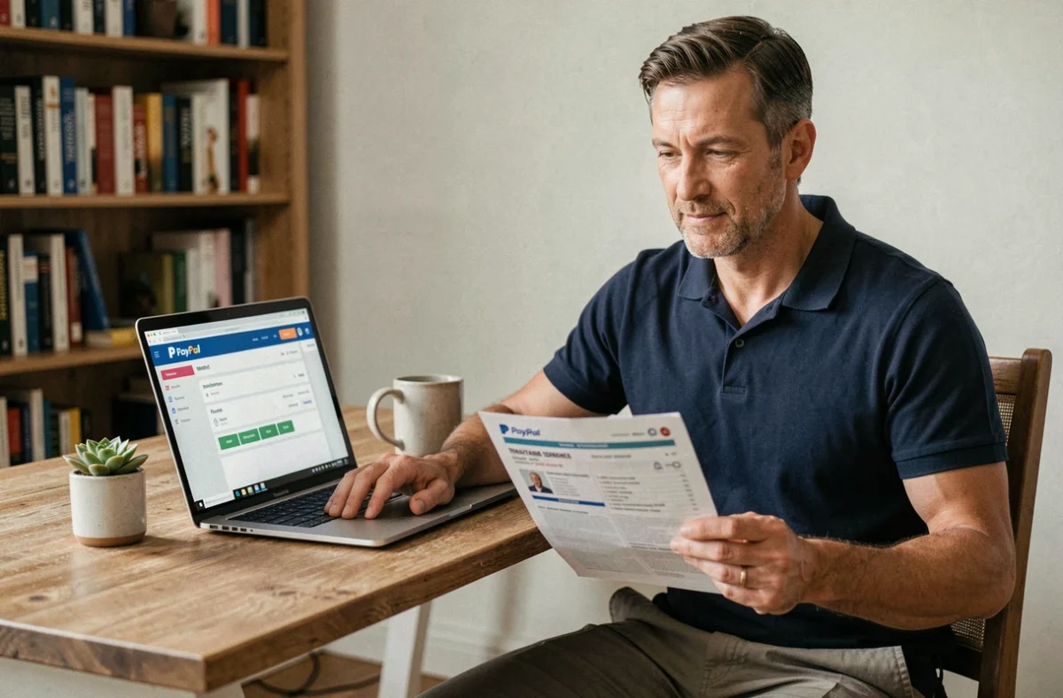 Homme activant son assurance voyage PayPal depuis son ordinateur à domicile