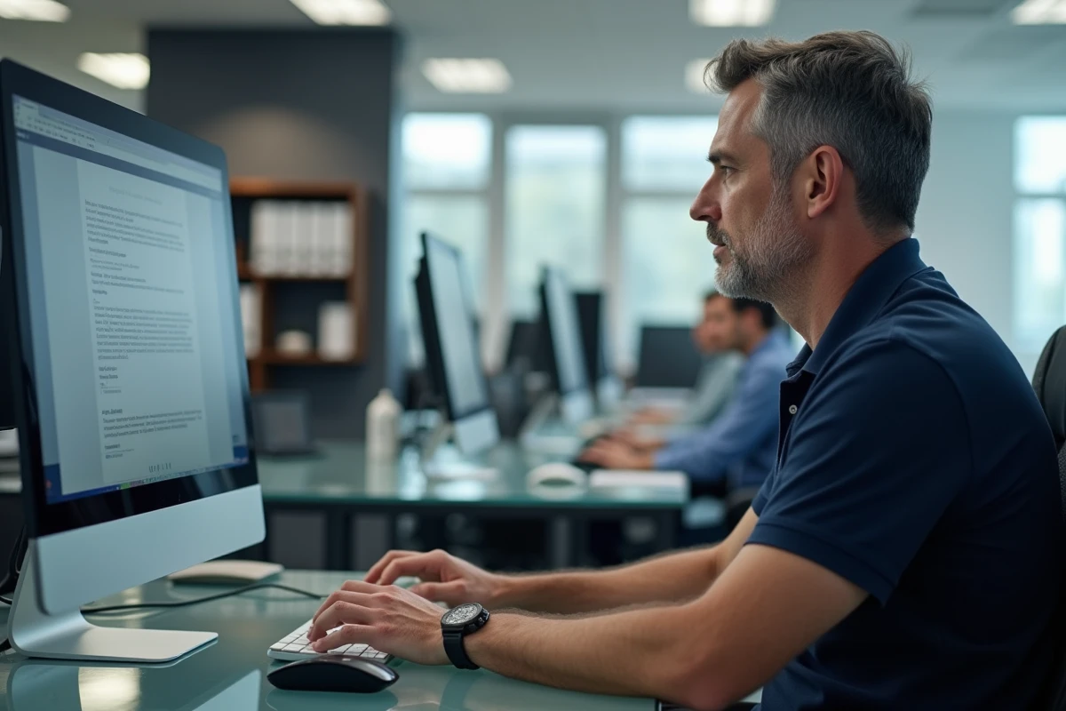 Homme activant son compte en ligne sur un ordinateur de bureau dans un open space professionnel