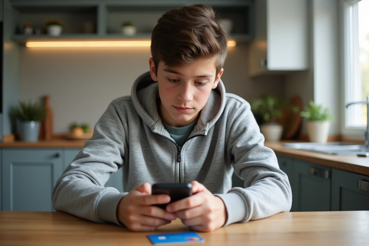 Adolescent comparant les prix et offres de la carte Pixpay sur son smartphone à la maison