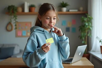 Adolescente tenant une carte bancaire prépayée Pixpay en regardant les offres disponibles