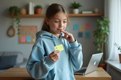 Adolescente tenant une carte bancaire prépayée Pixpay en regardant les offres disponibles