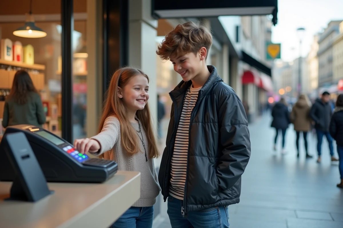 Deux adolescents utilisant une carte Pixpay pour payer sans contact dans un magasin urbain