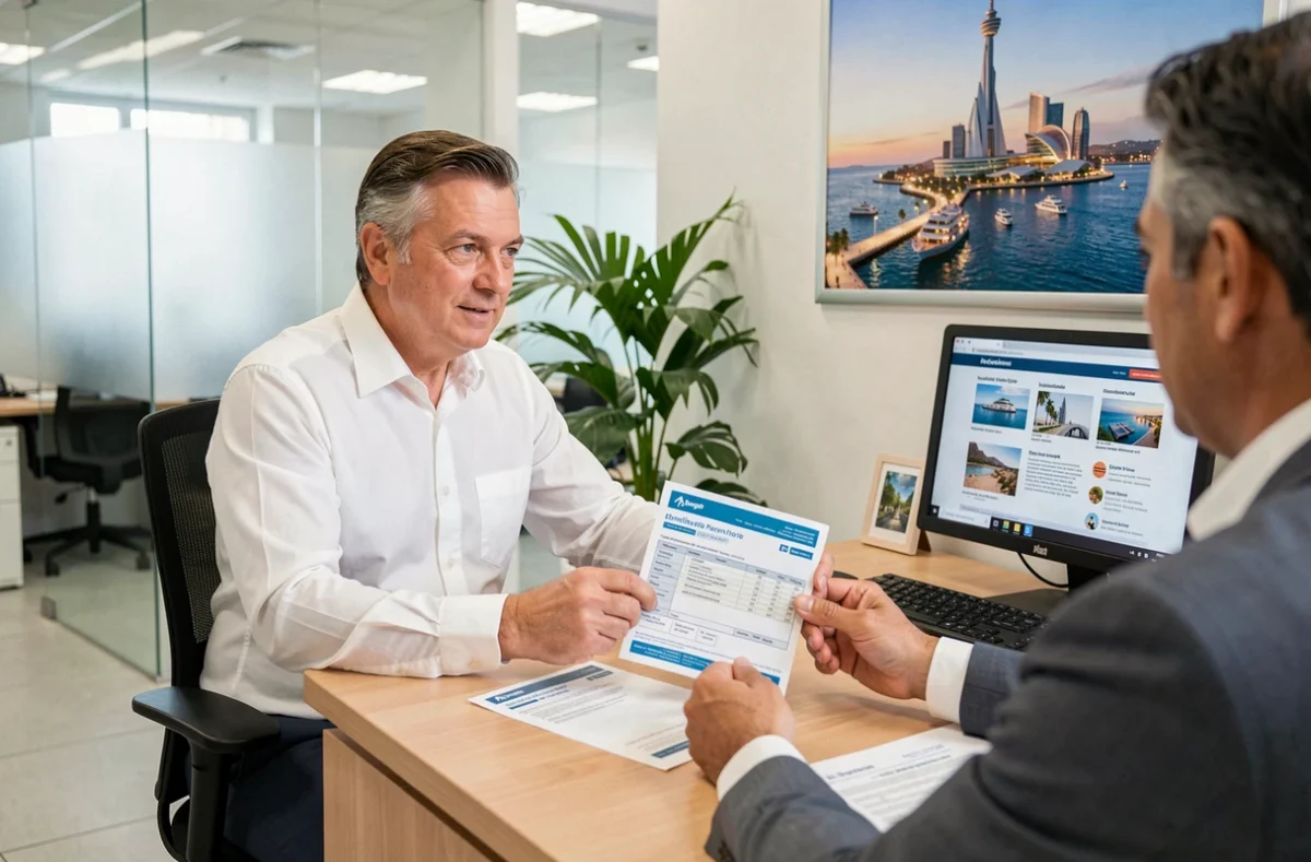 Agent d'assurance voyage expliquant une police d'assurance à un client dans une agence de voyage avec affiche de Dubaï en arrière-plan