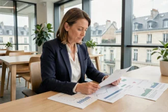 Femme cadre analysant des documents financiers sur une SCPI dans un bureau moderne avec vue sur une ville française