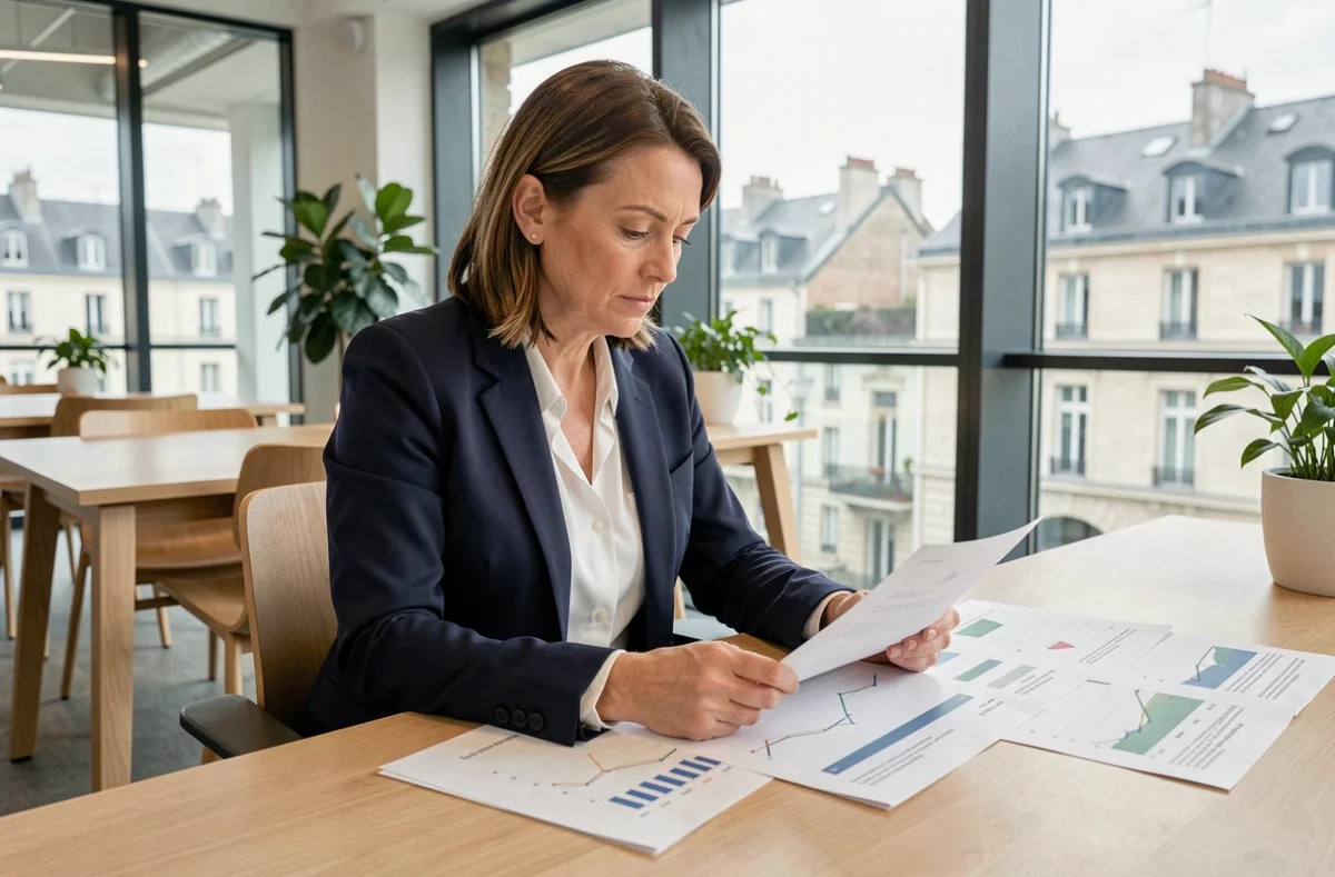 Femme cadre analysant des documents financiers sur une SCPI dans un bureau moderne avec vue sur une ville française