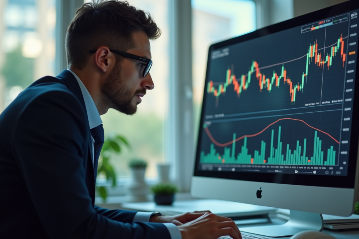 Professionnel en costume analysant des données boursieres dans un bureau lumineux