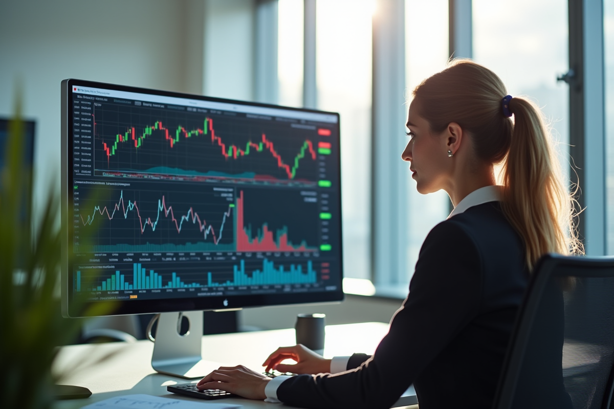 Femme d'affaires analysant graphiques financiers en bureau lumineux