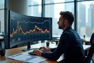 Analyste financier étudiant des données on-chain Bitcoin sur un grand écran incurvé dans un bureau moderne