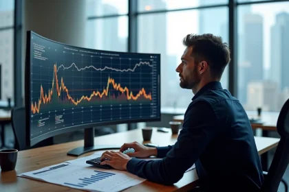 Analyste financier étudiant des données on-chain Bitcoin sur un grand écran incurvé dans un bureau moderne