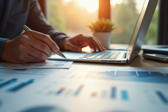 Analyste financier examinant des graphiques et documents sur un bureau lumineux