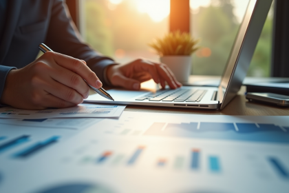 Analyste financier examinant des graphiques et documents sur un bureau lumineux