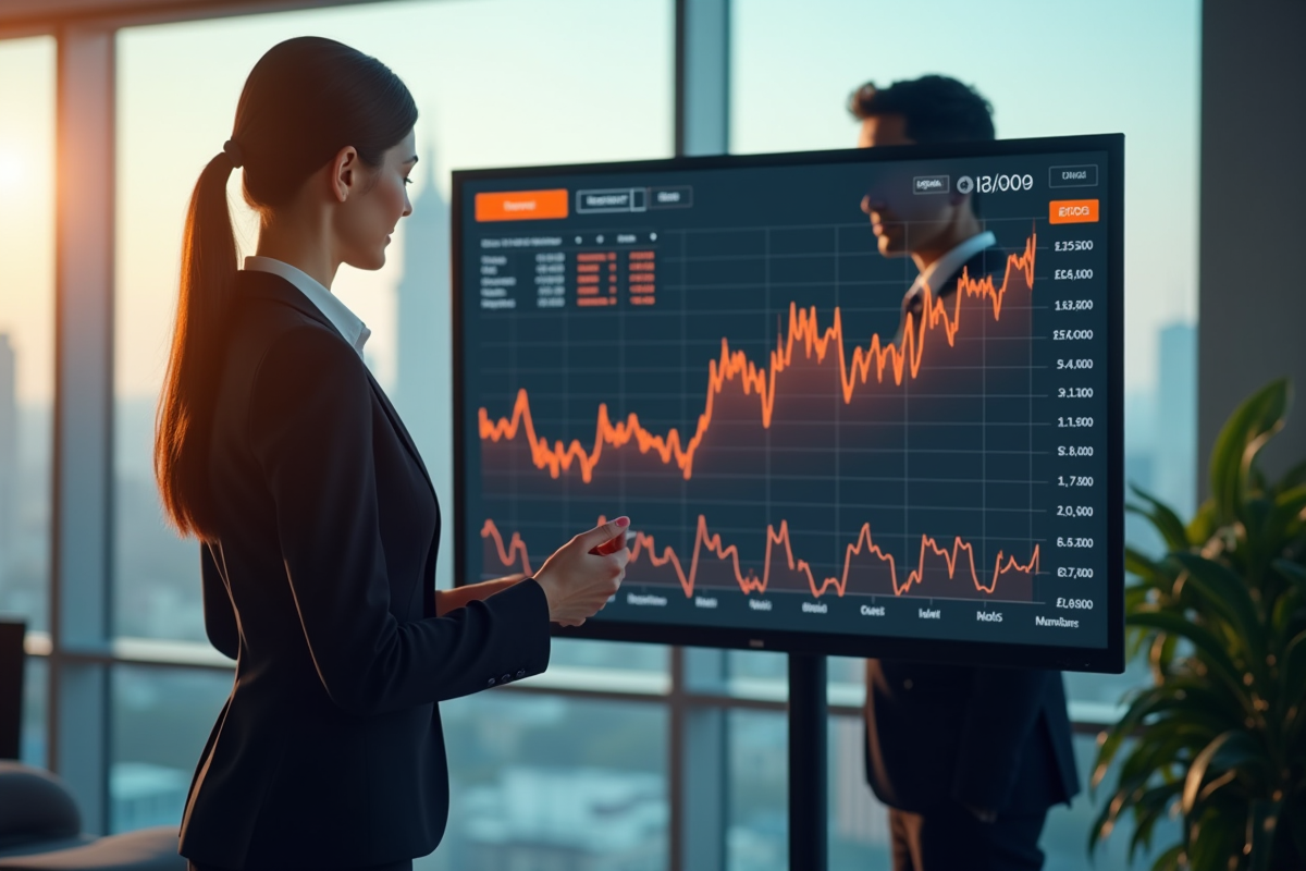 Analystes en bourse dans un bureau moderne avec logo orange