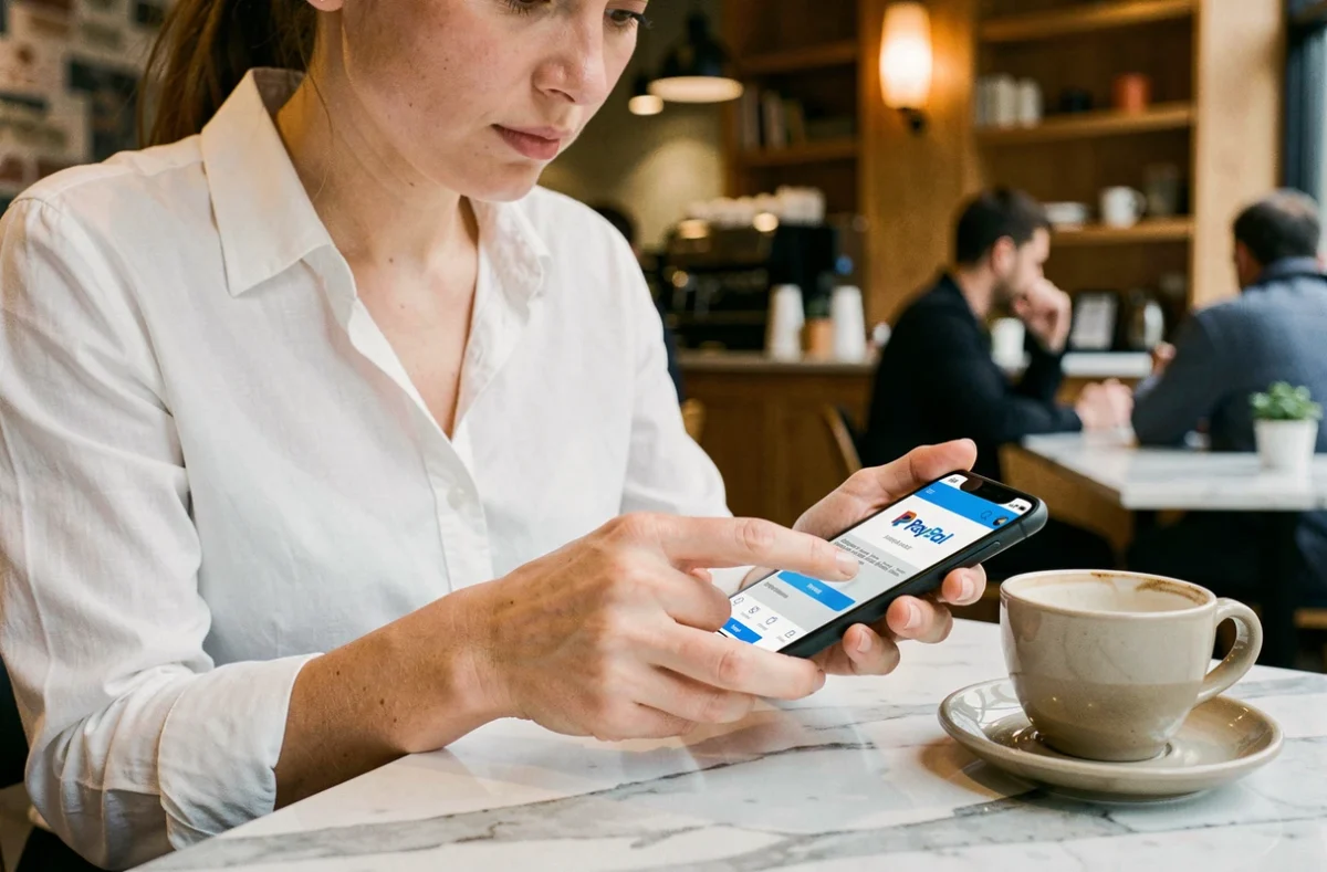 Femme utilisant l'application mobile PayPal pour effectuer un virement vers un compte bancaire dans un café