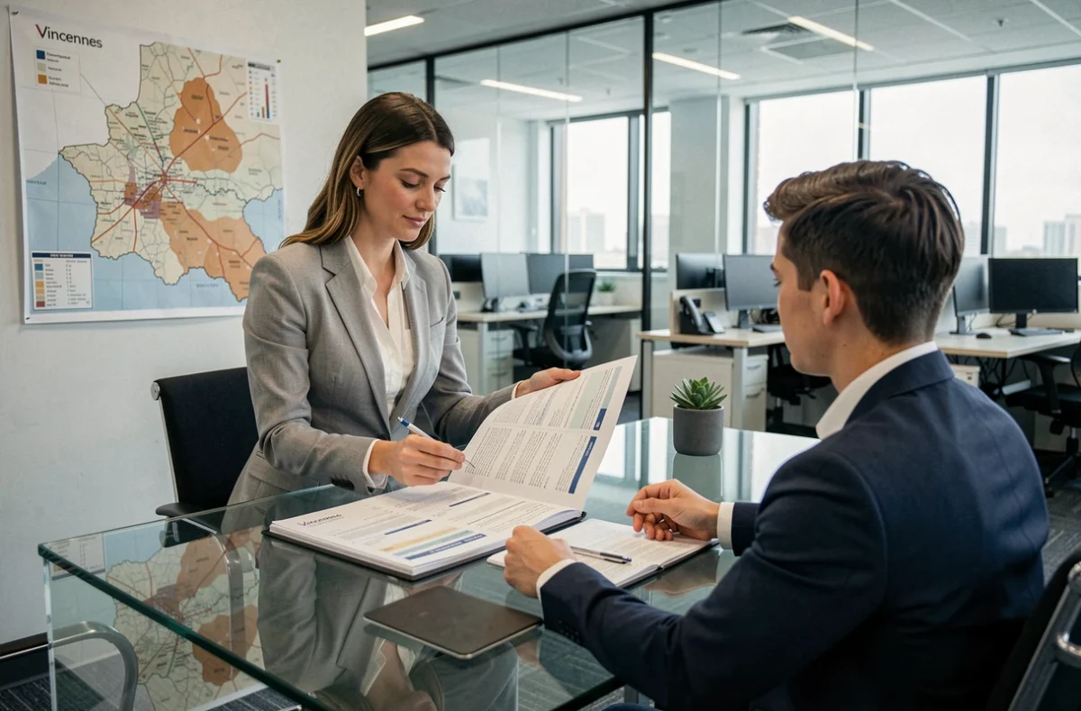 Courtière AS Courtage à Vincennes examinant un dossier d'assurance avec un client