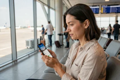 Femme consultant l'assurance voyage PayPal sur son smartphone dans un aéroport
