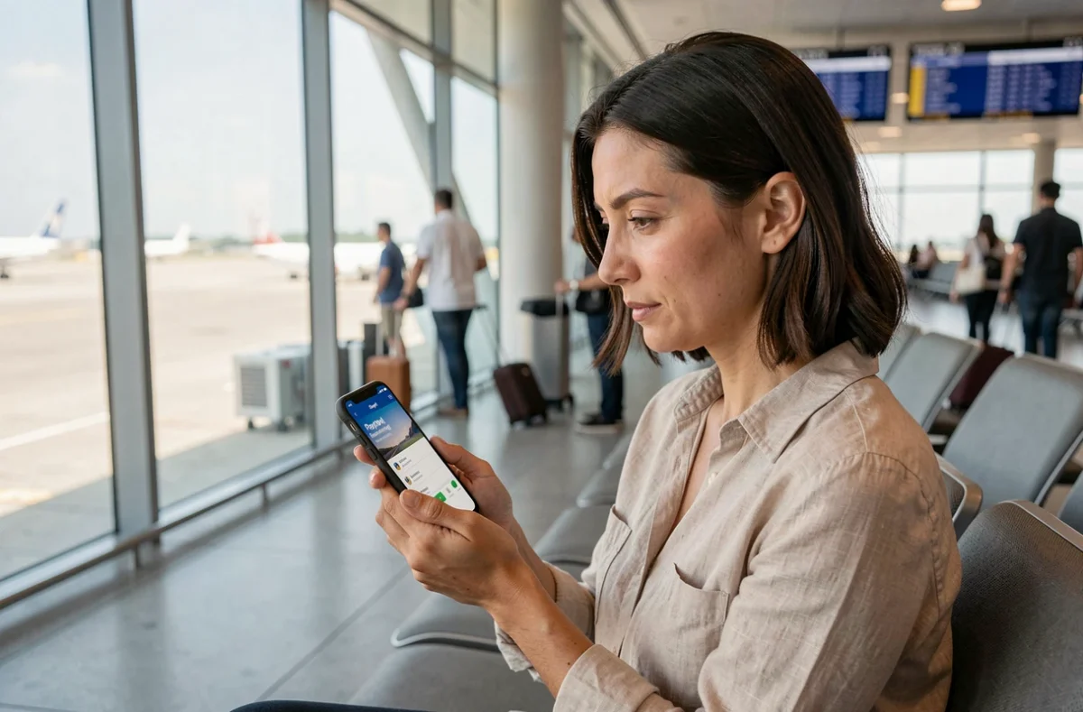 Femme consultant l'assurance voyage PayPal sur son smartphone dans un aéroport