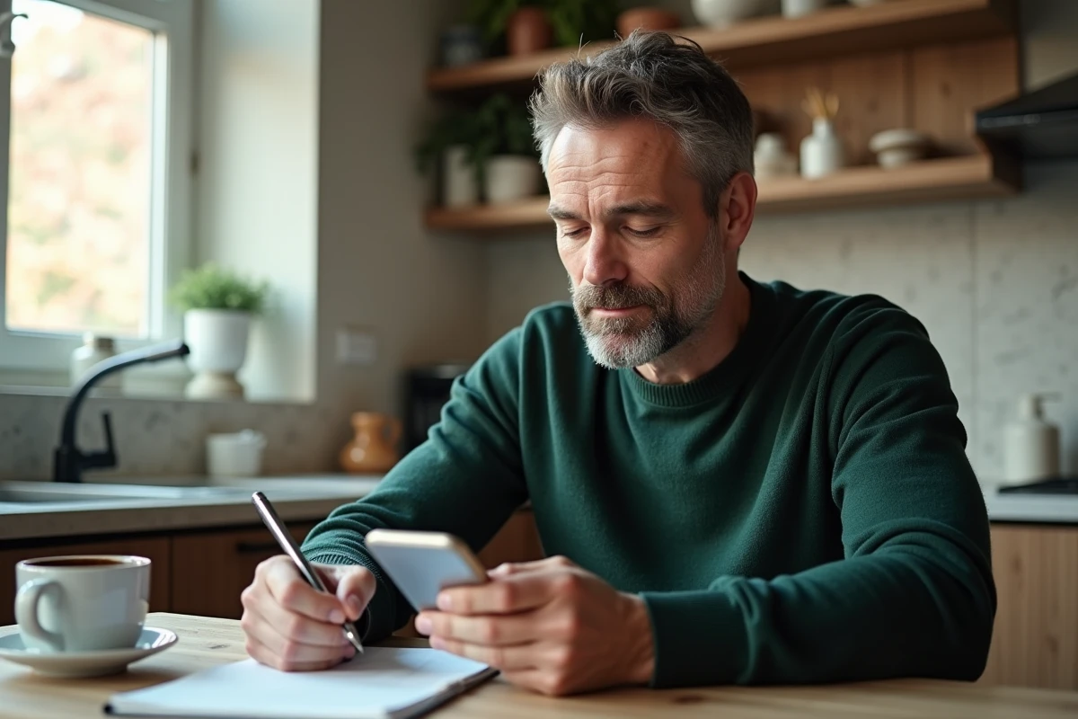 Homme consultant des avis en ligne sur son smartphone pour évaluer la fiabilité d'une compagnie d'assurance
