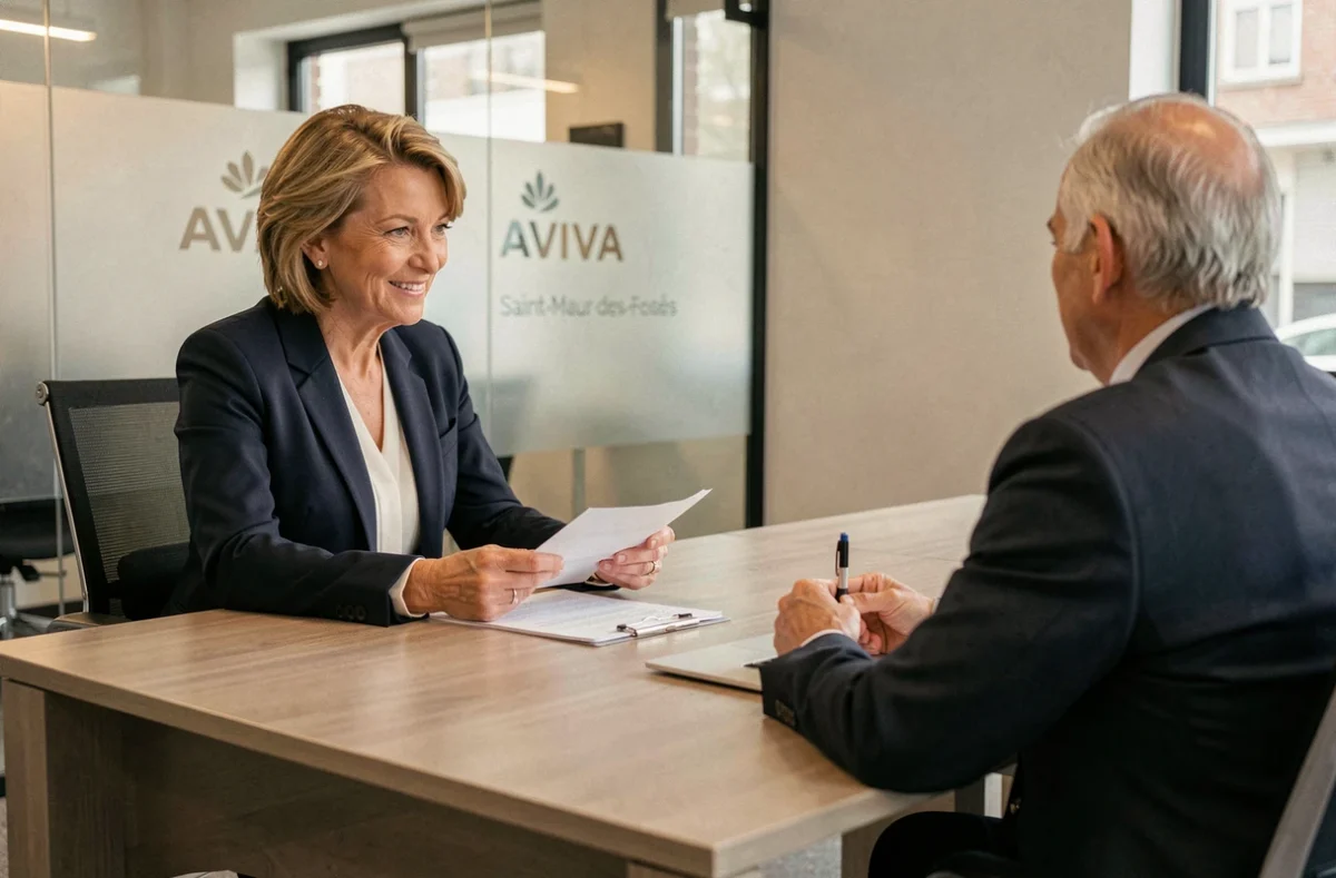 Conseillère en assurance Aviva à Saint-Maur-des-Fossés discutant d'un contrat avec un client