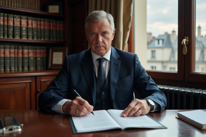 Avocat en costume navy examinant des documents juridiques