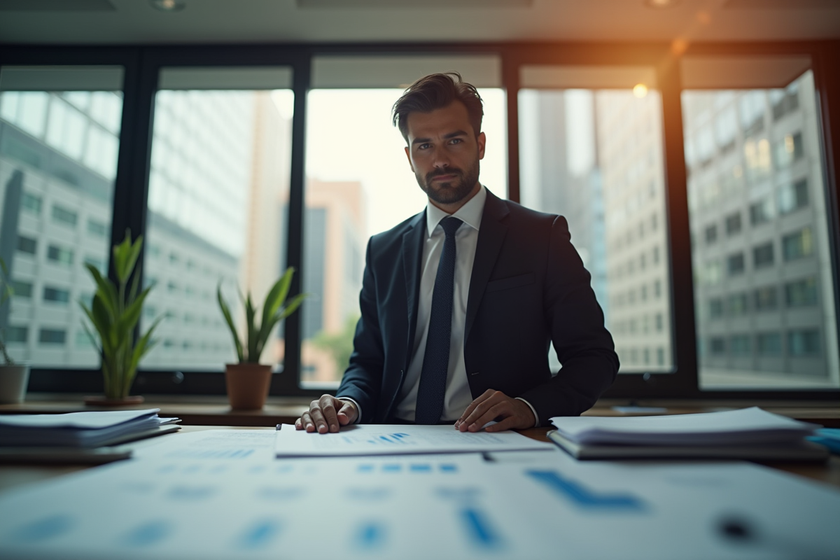 Banquier professionnel dans un bureau moderne avec documents et graphiques