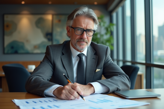 Banquier professionnel en costume gris analysant des graphiques