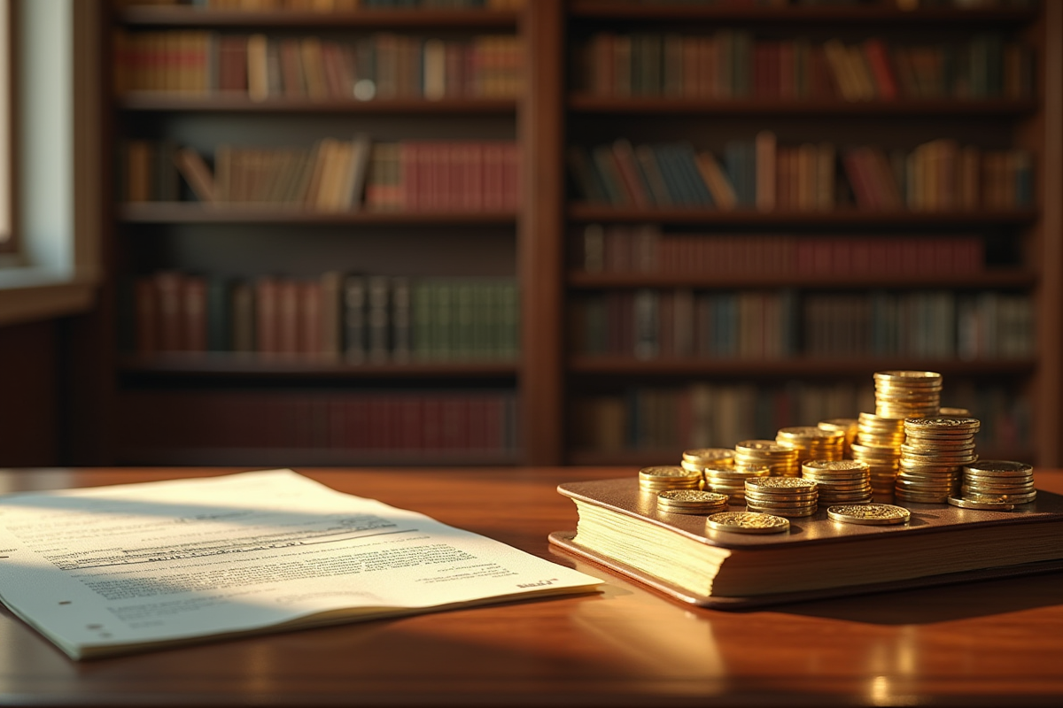 Bibliotheque vintage avec livres de finance et pièces d or