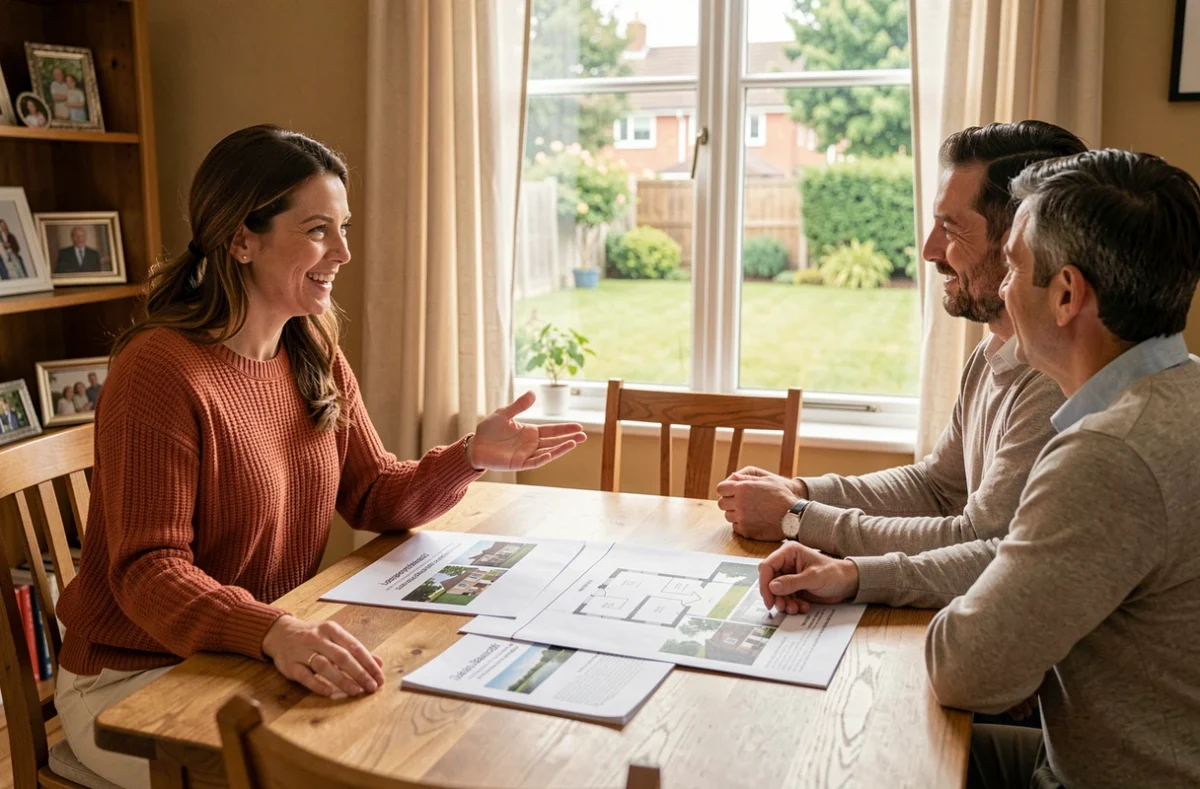 Conseillère immobilière Bien Chez Soi Immobilier présentant une offre d'achat à un couple autour d'une table dans un cadre résidentiel chaleureux