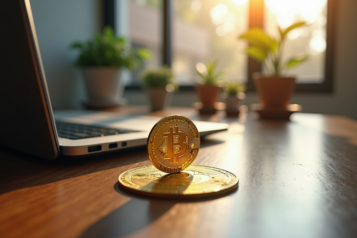 Bitcoin en or sur bureau en bois avec ordinateur portable