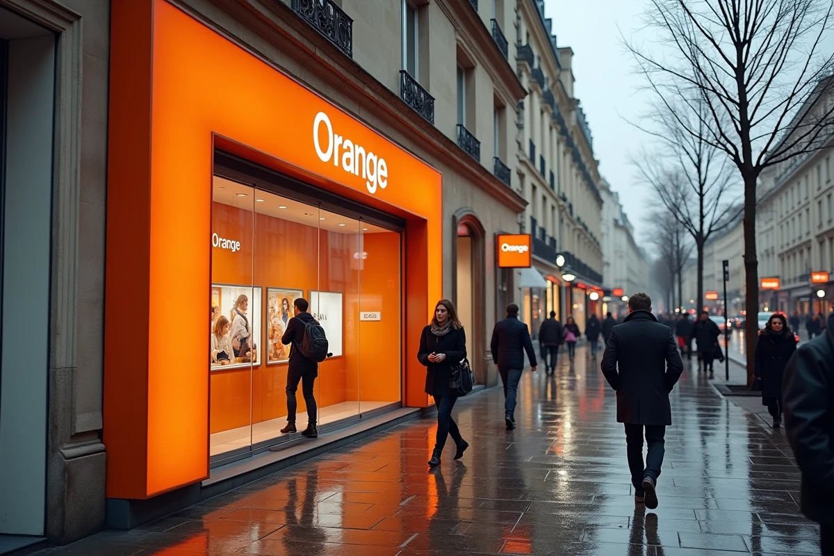 Façade d'une boutique Orange en centre-ville avec des passants devant la vitrine sur un boulevard parisien
