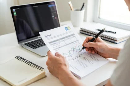 Bureau avec ordinateur et documents financiers personnels