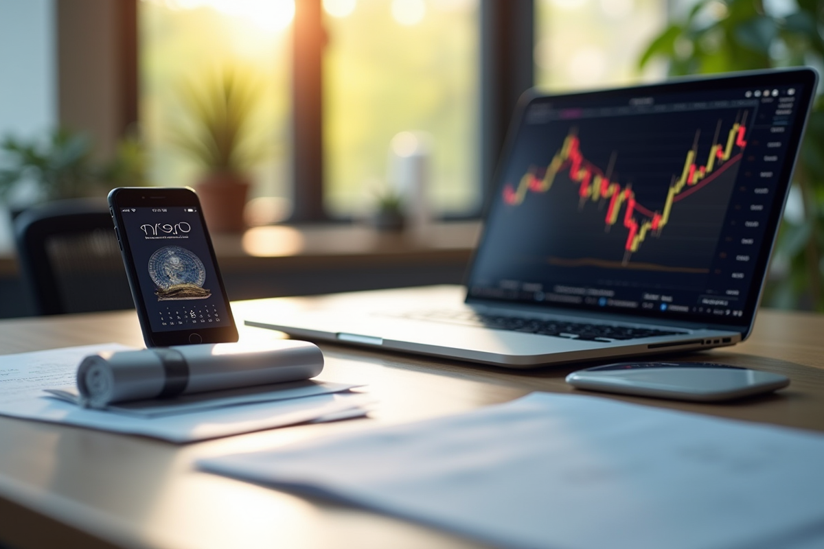 Bureau moderne avec ordinateur affichant un graphique crypto