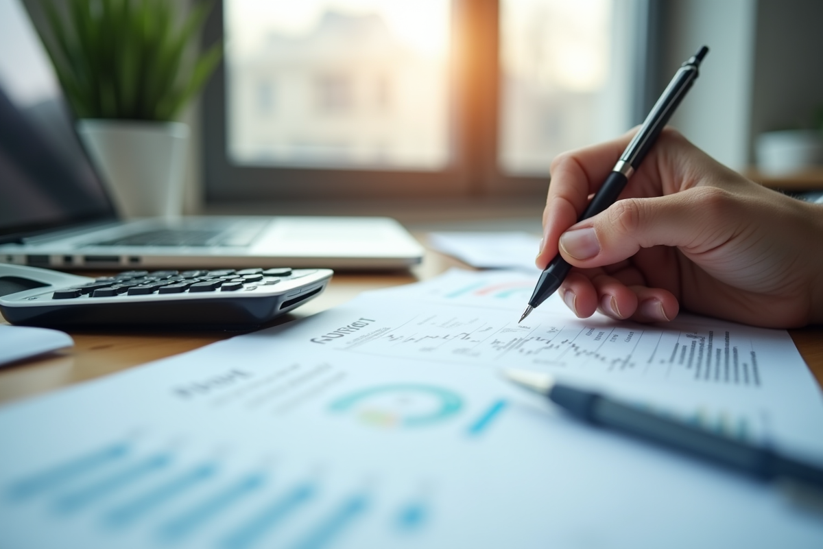 Bureau moderne avec documents financiers et calculatrice