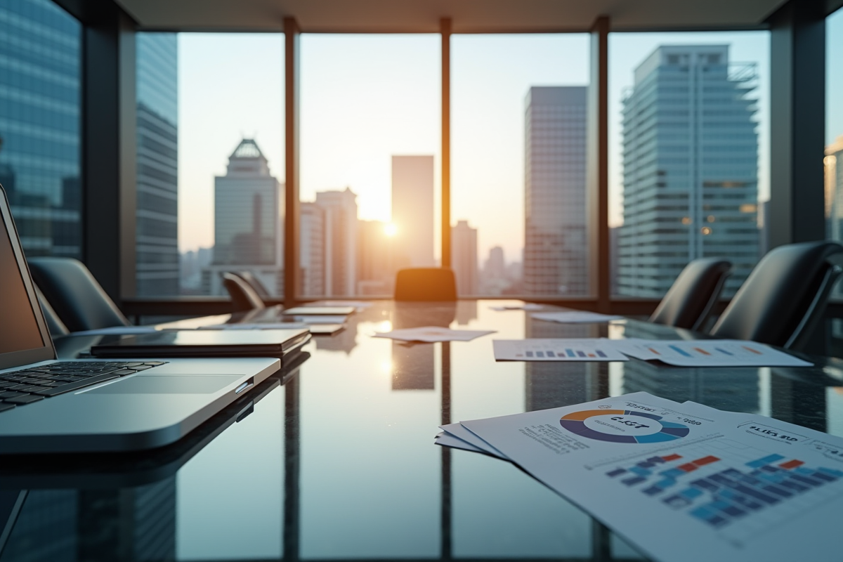 Bureau moderne avec vue panoramique sur la ville financière