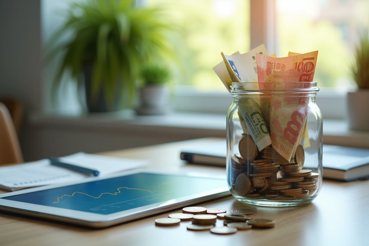 Bureau avec un pot d'euros et un graphique financier