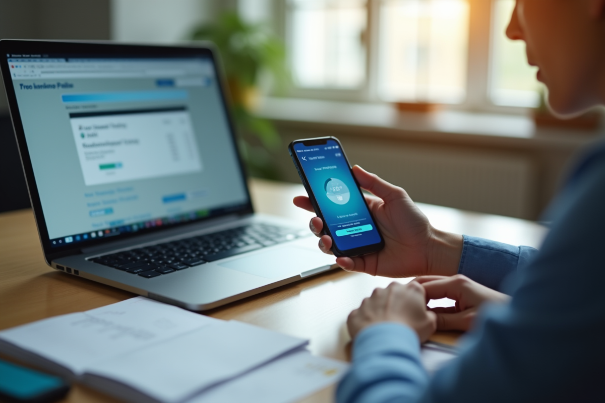 Bureau lumineux avec smartphone et ordinateur montrant une transaction bancaire