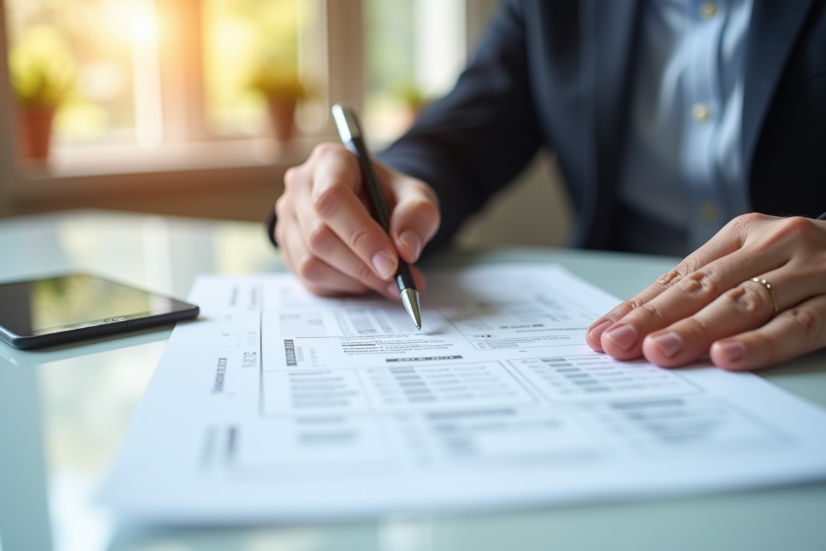 Bureau bien organisé avec documents d'assurance et main pointant un formulaire