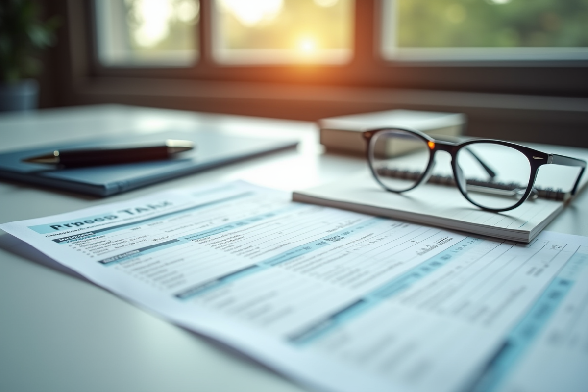 Bureau organisé avec formulaire fiscal français et lunettes