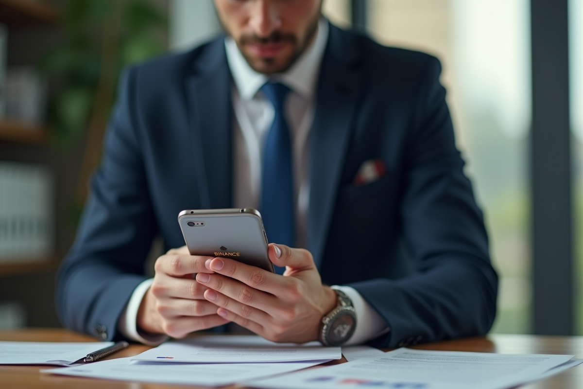 Personne d'affaires habillée, étudiant le logo Binance sur smartphone