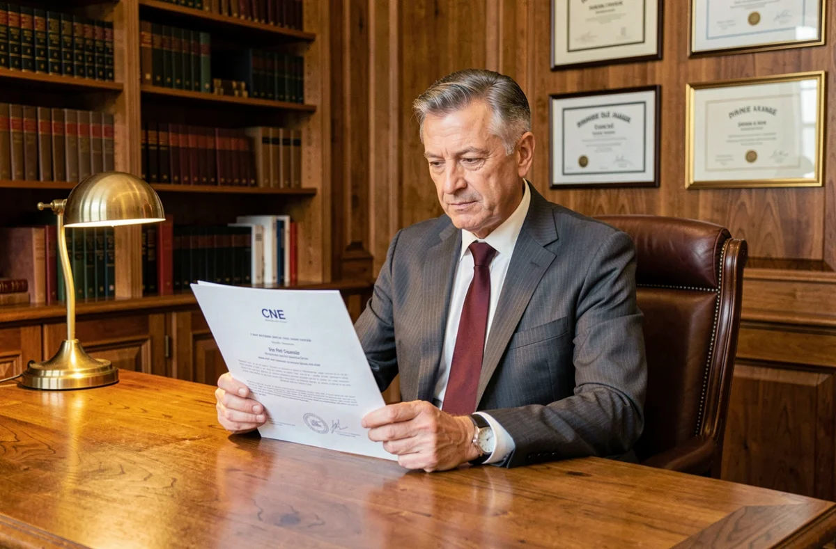 Philippe Richaud, expert immobilier agréé CNE, examinant un document officiel de certification dans son cabinet professionnel à Lyon