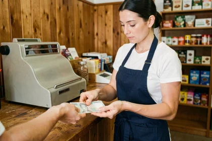 Caissière comptant des billets de banque pour rendre la monnaie à un client dans une boutique indépendante