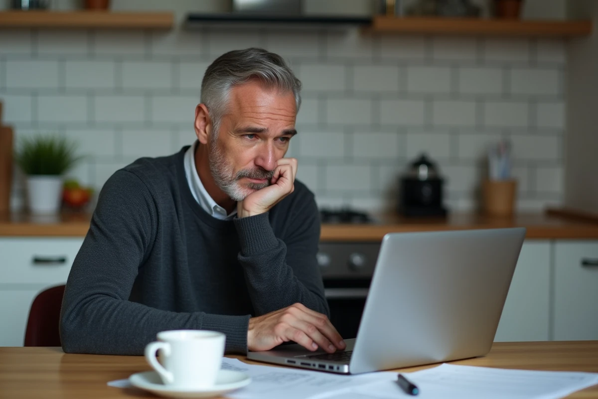 Homme à la maison calculant son salaire brut net sur ordinateur portable avec des documents de paie
