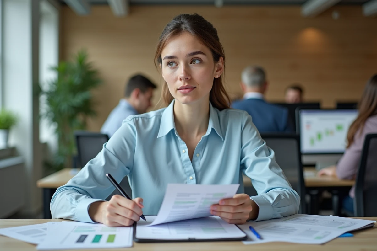 Femme au bureau consultant sa fiche de paie et calculant son salaire net en brut