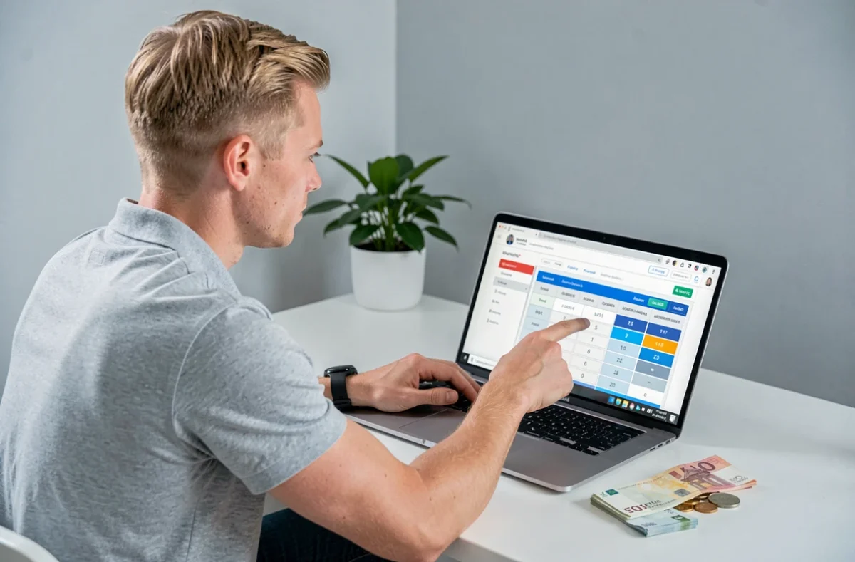 Homme utilisant une calculatrice en ligne pour distribuer les billets et rendre la monnaie sans erreur à son bureau
