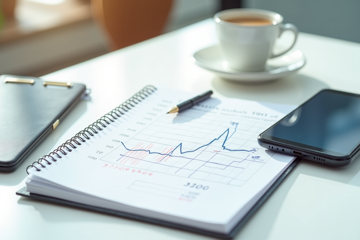 Carnet avec calculs financiers et smartphone avec graphique