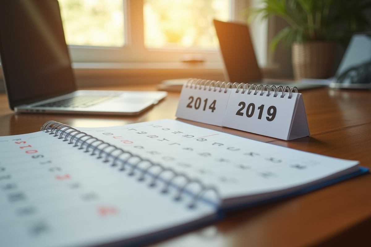 Calendrier ouvert sur un bureau en bois avec deux années marquées