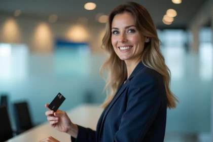 Femme tenant une carte bancaire Crédit Agricole dans une agence bancaire moderne en 2026