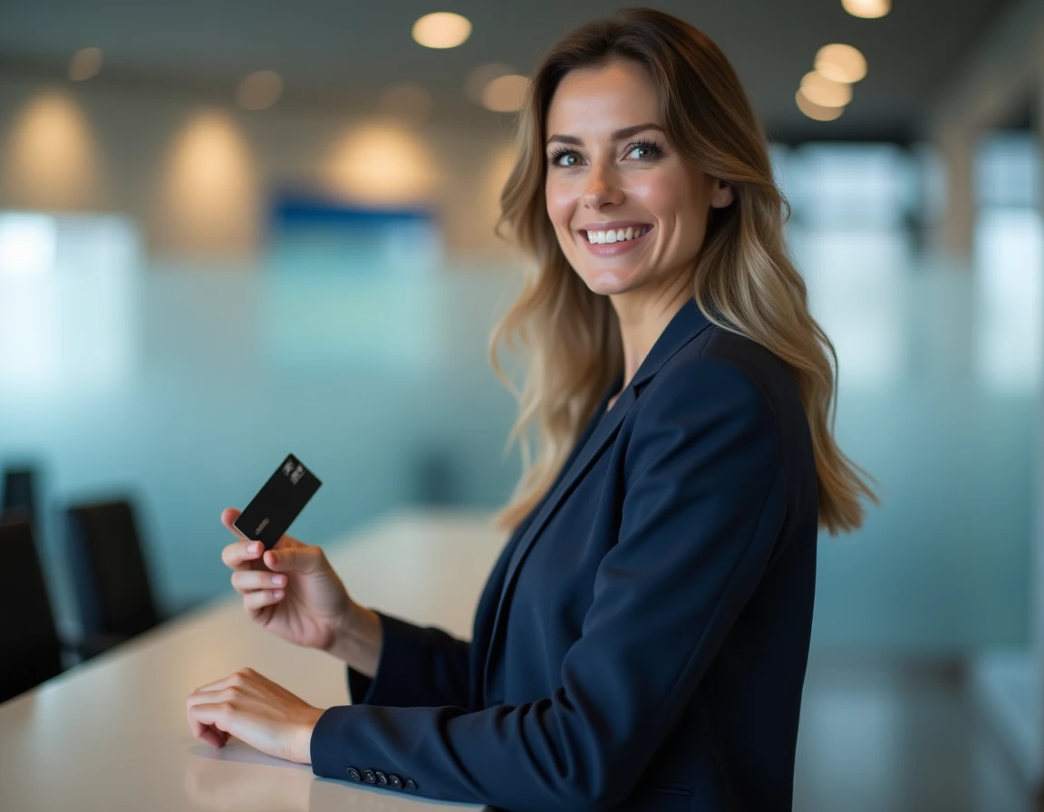Femme tenant une carte bancaire Crédit Agricole dans une agence bancaire moderne en 2026